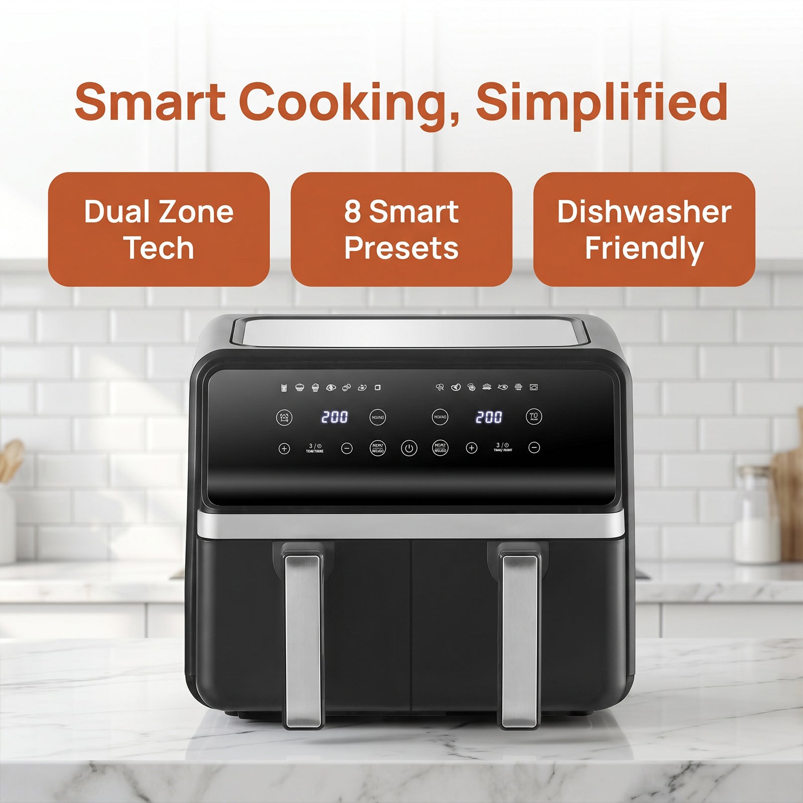 Smart 8L Dual Basket Air Fryer - 4L+4L Independent Double Zone Oven