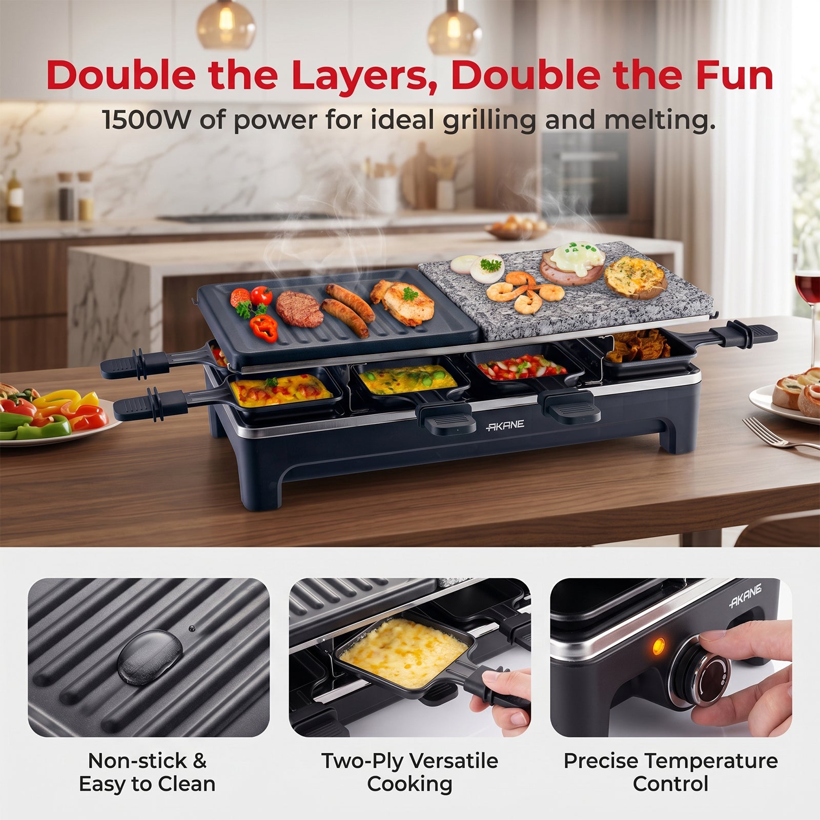 Electric Raclette Grill - 1500W Double-Sided Cheese Grill Machine