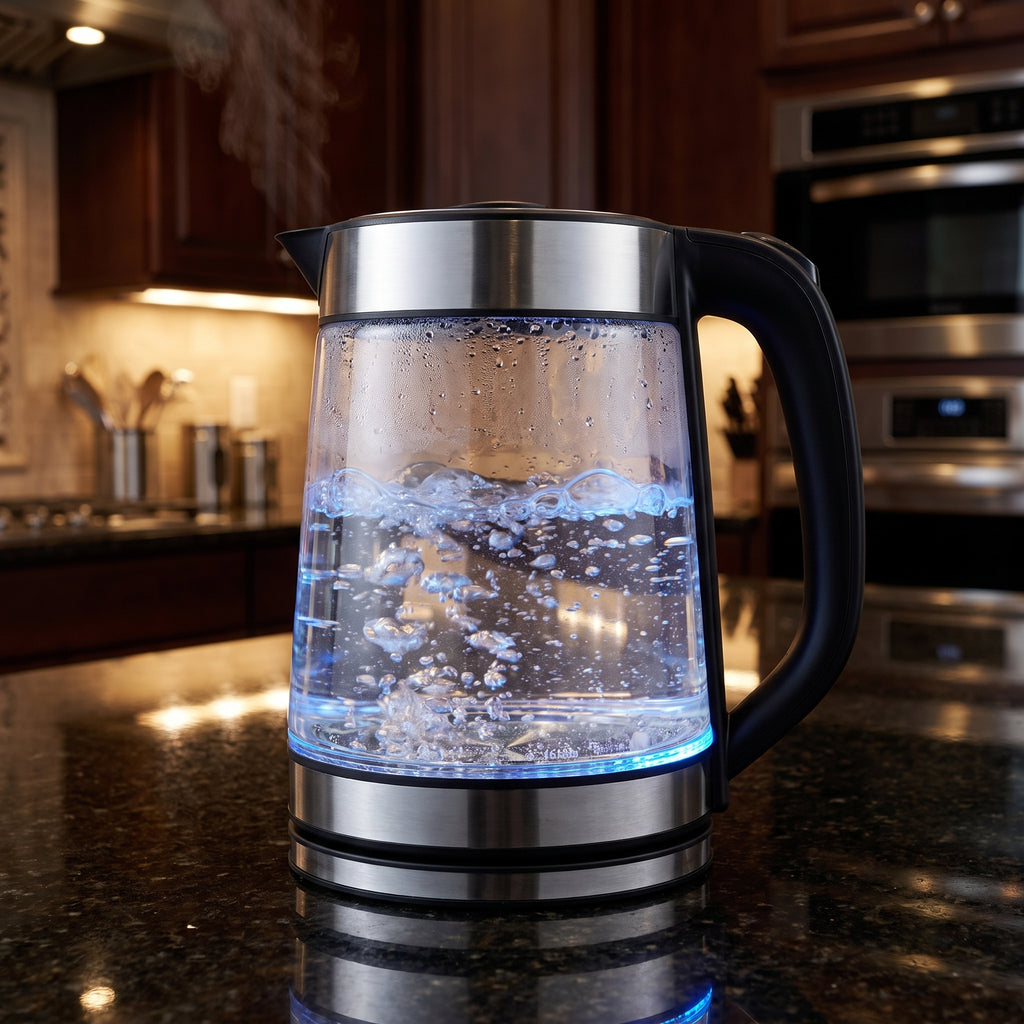 1500W Glass Water Kettle with Stainless Steel Trim and Auto Shut-Off