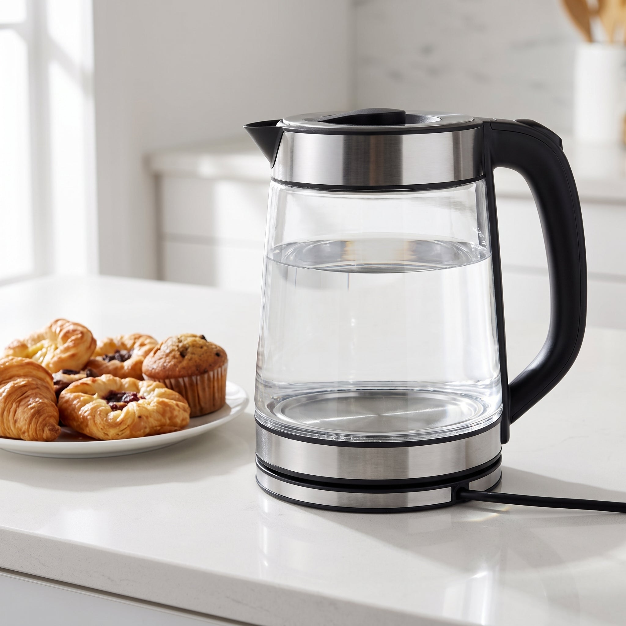 1500W Glass Water Kettle with Stainless Steel Trim and Auto Shut-Off