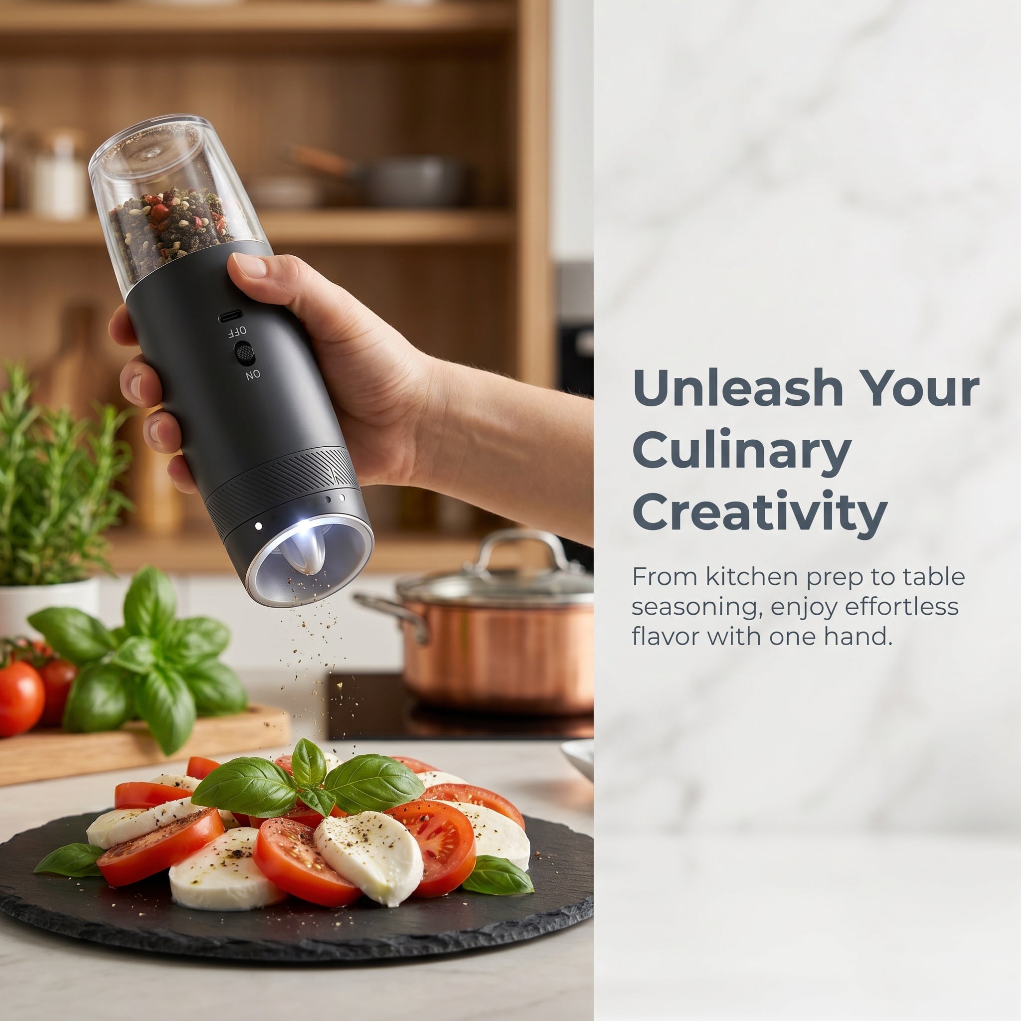 KYMQ-48A USB-C Rechargeable Electric Pepper Grinder with Gravity Sensor and 135ml Clear Container