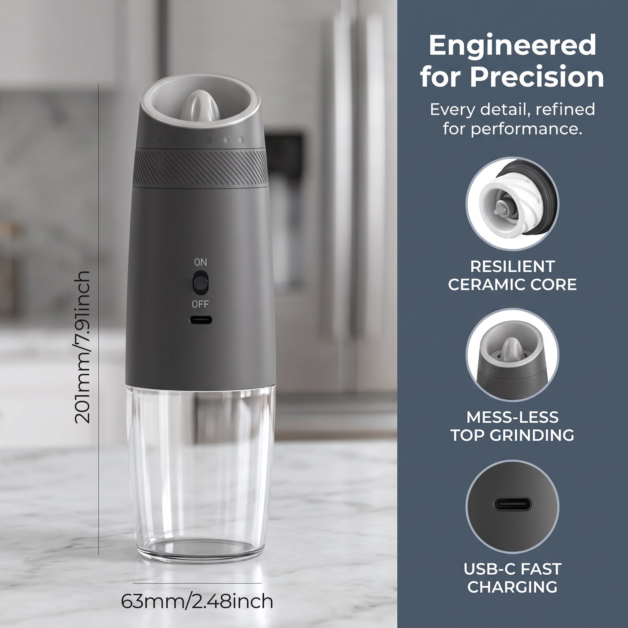 KYMQ-48A USB-C Rechargeable Electric Pepper Grinder with Gravity Sensor and 135ml Clear Container