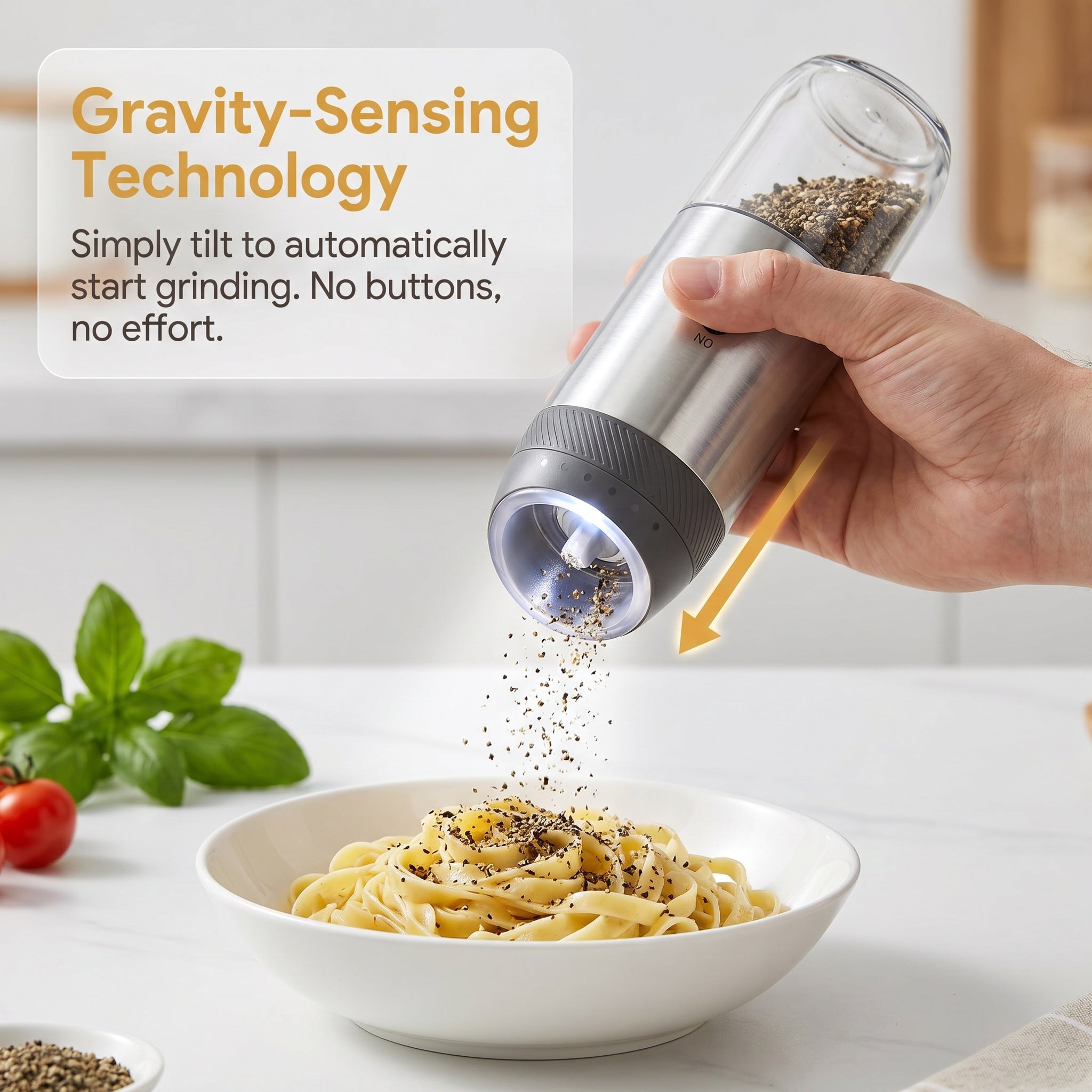 Stainless Steel Rechargeable Pepper Grinder with Gravity Activation, LED Light and 176ml Chamber