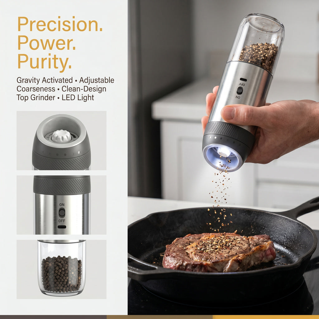 Stainless Steel Rechargeable Pepper Grinder with Gravity Activation, LED Light and 176ml Chamber