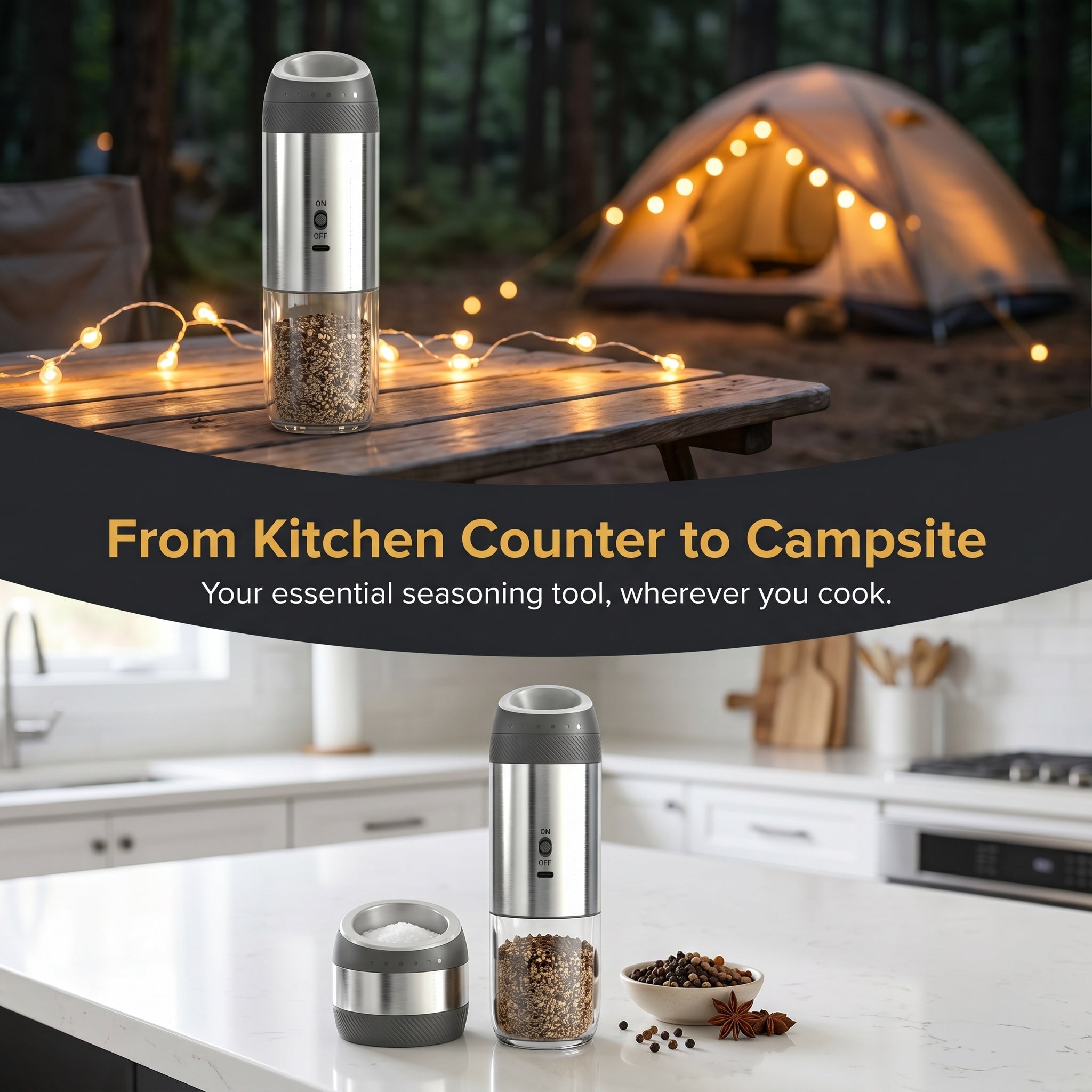 Stainless Steel Rechargeable Pepper Grinder with Gravity Activation, LED Light and 176ml Chamber