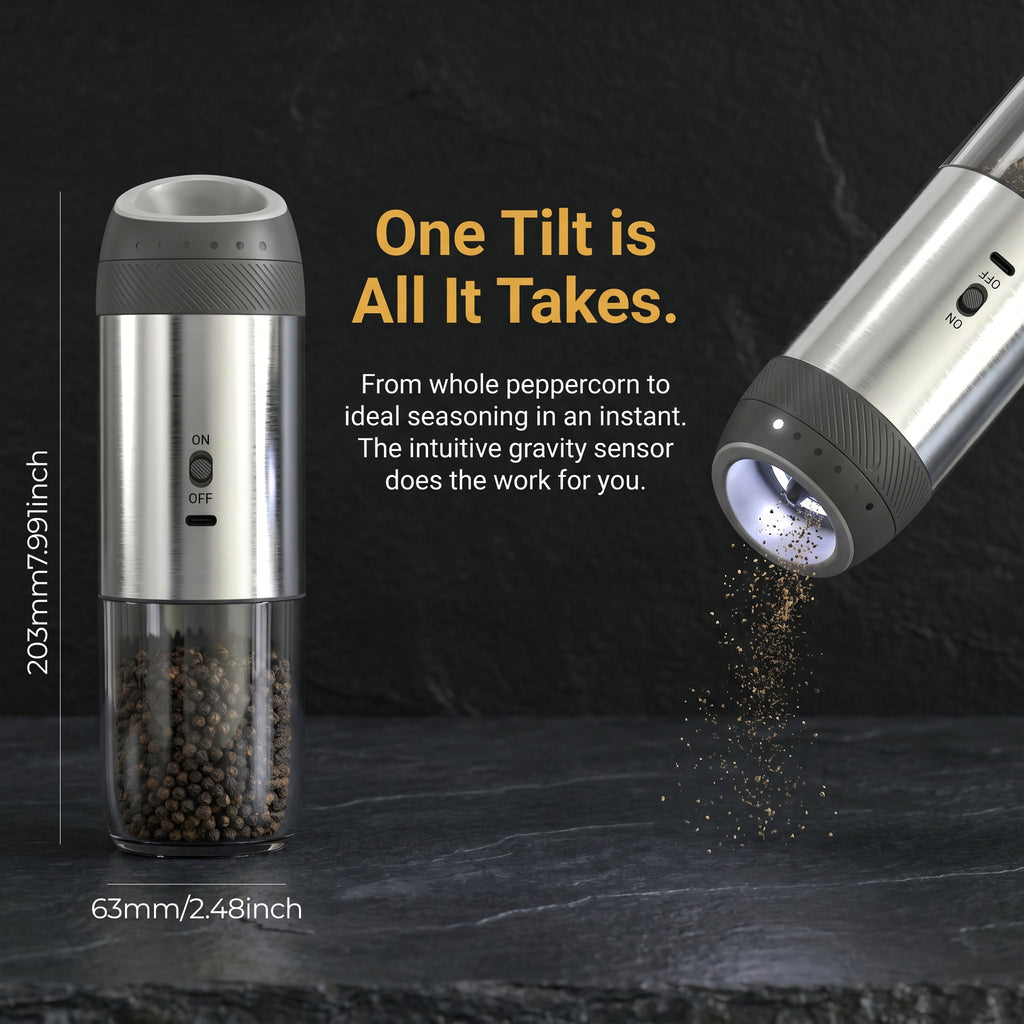Stainless Steel Rechargeable Pepper Grinder with Gravity Activation, LED Light and 176ml Chamber