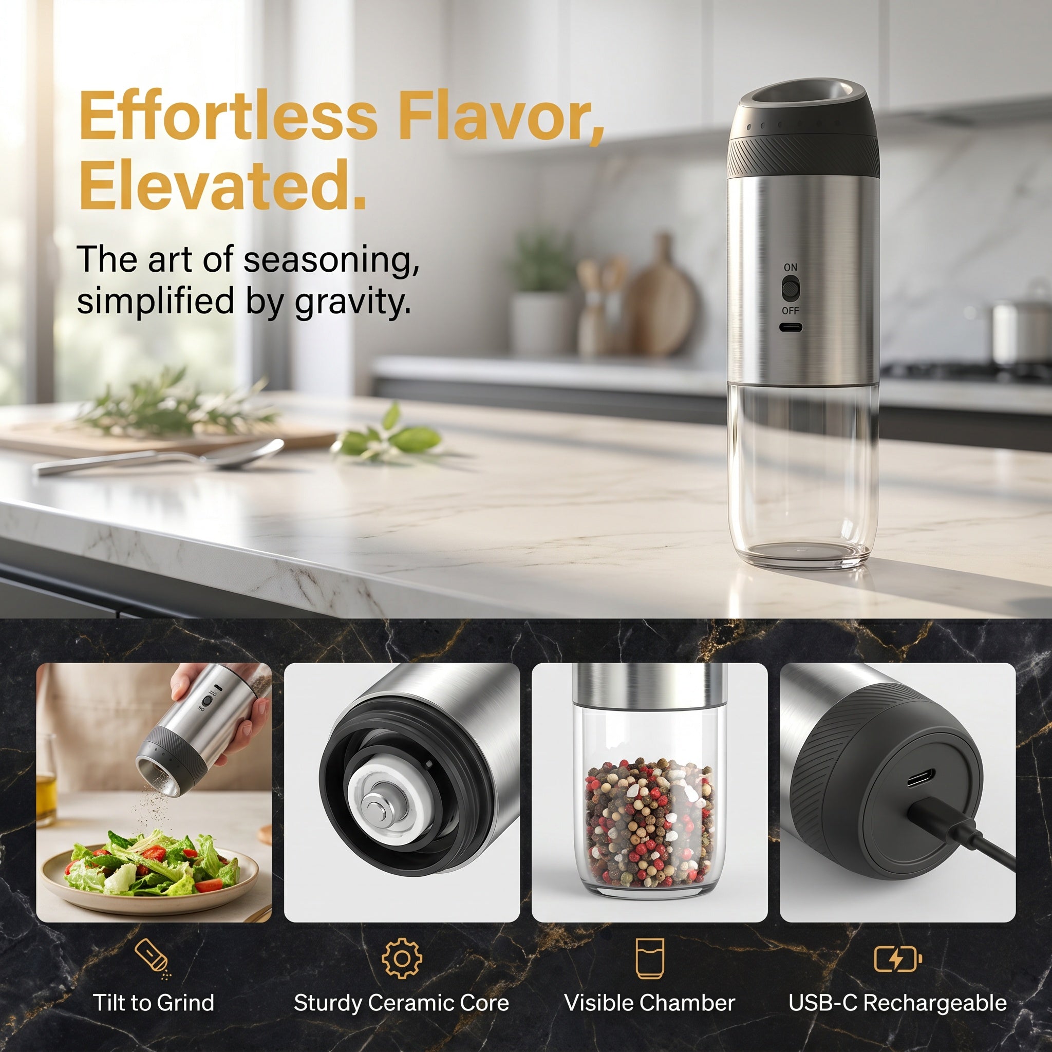 Stainless Steel Rechargeable Pepper Grinder with Gravity Activation, LED Light and 176ml Chamber