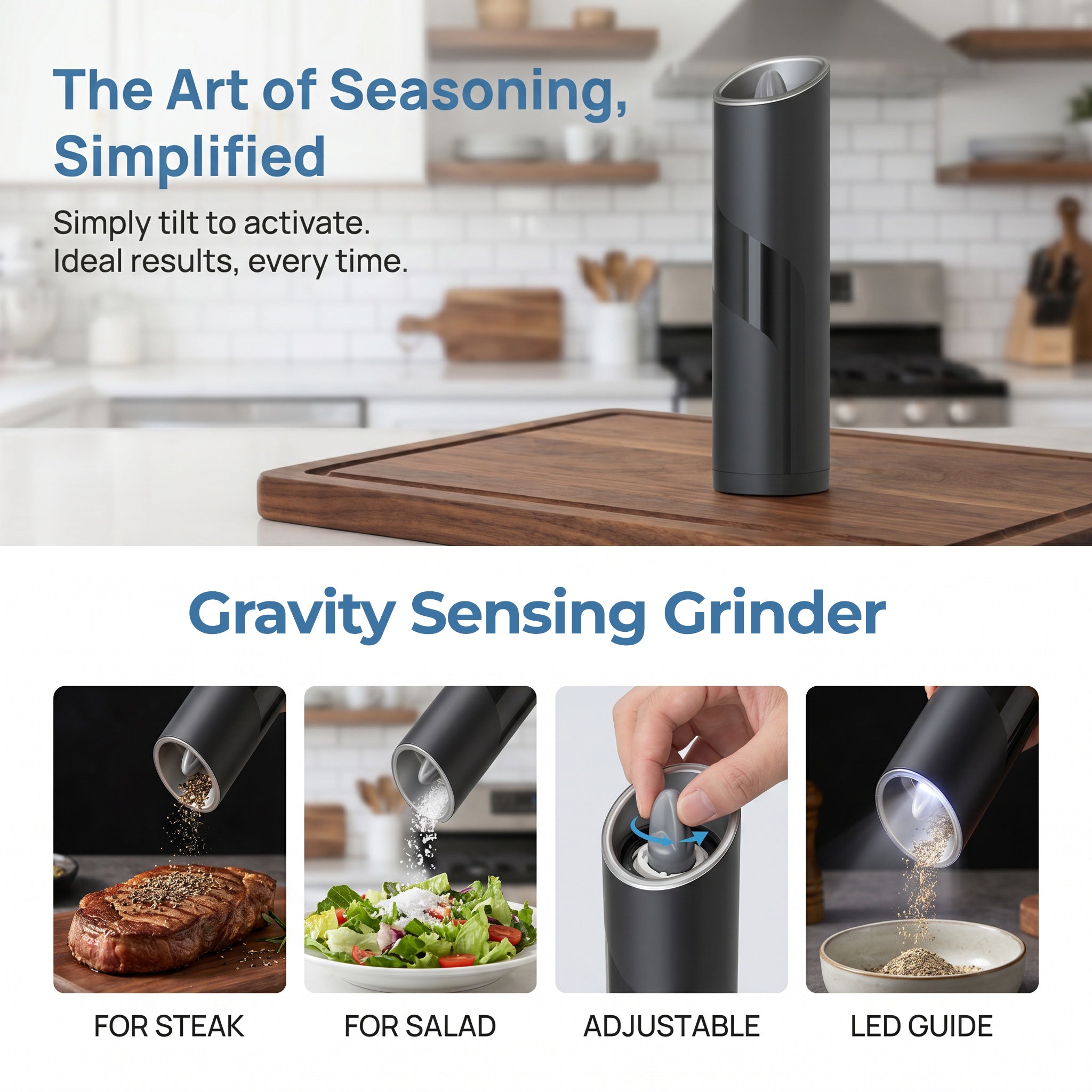 KYMQ-4 Automatic Electric Pepper Grinder with LED Light – 85ml Gravity Sensor Pepper Mill