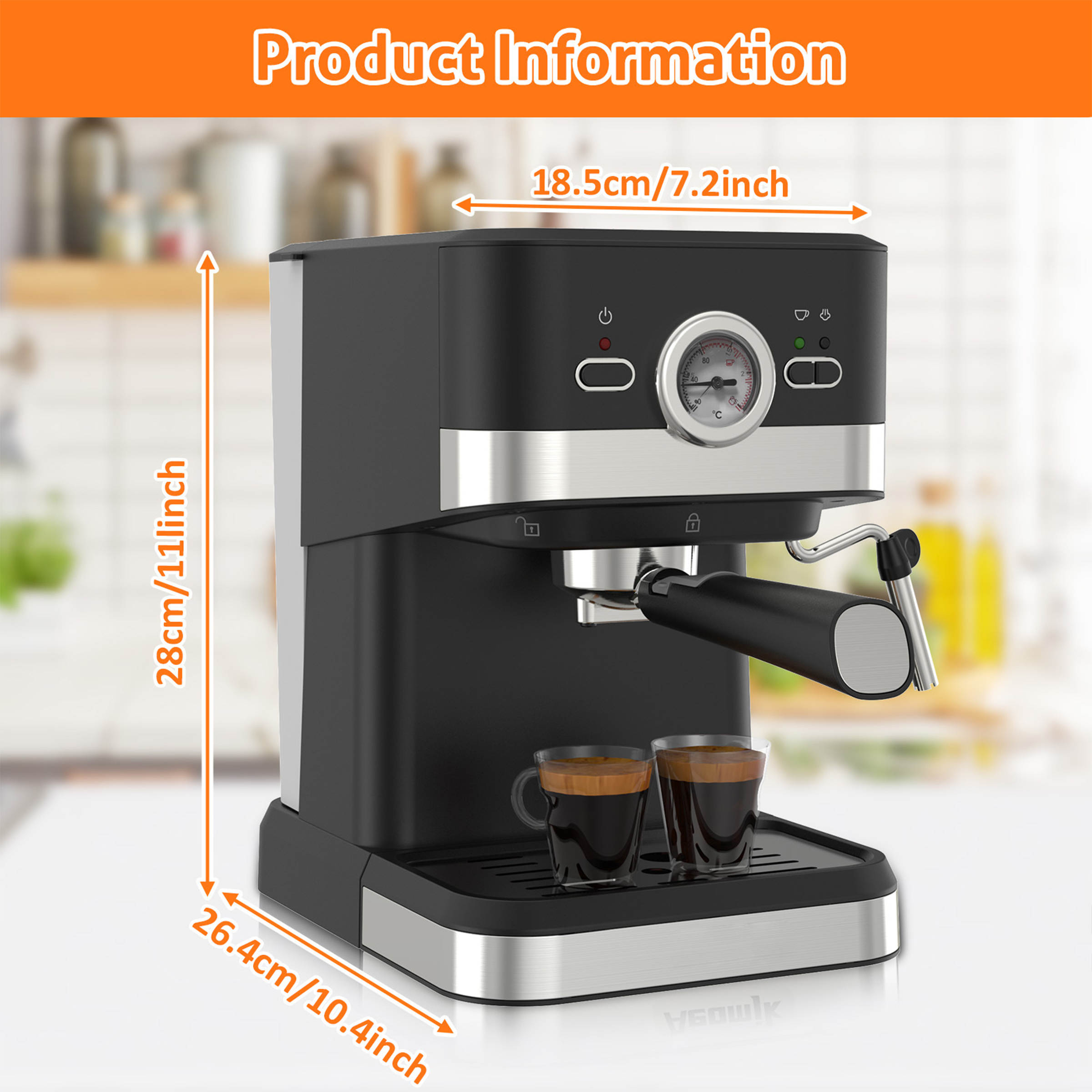 20-Bar Espresso Machine with Pressure Gauge and Steam Milk Frother