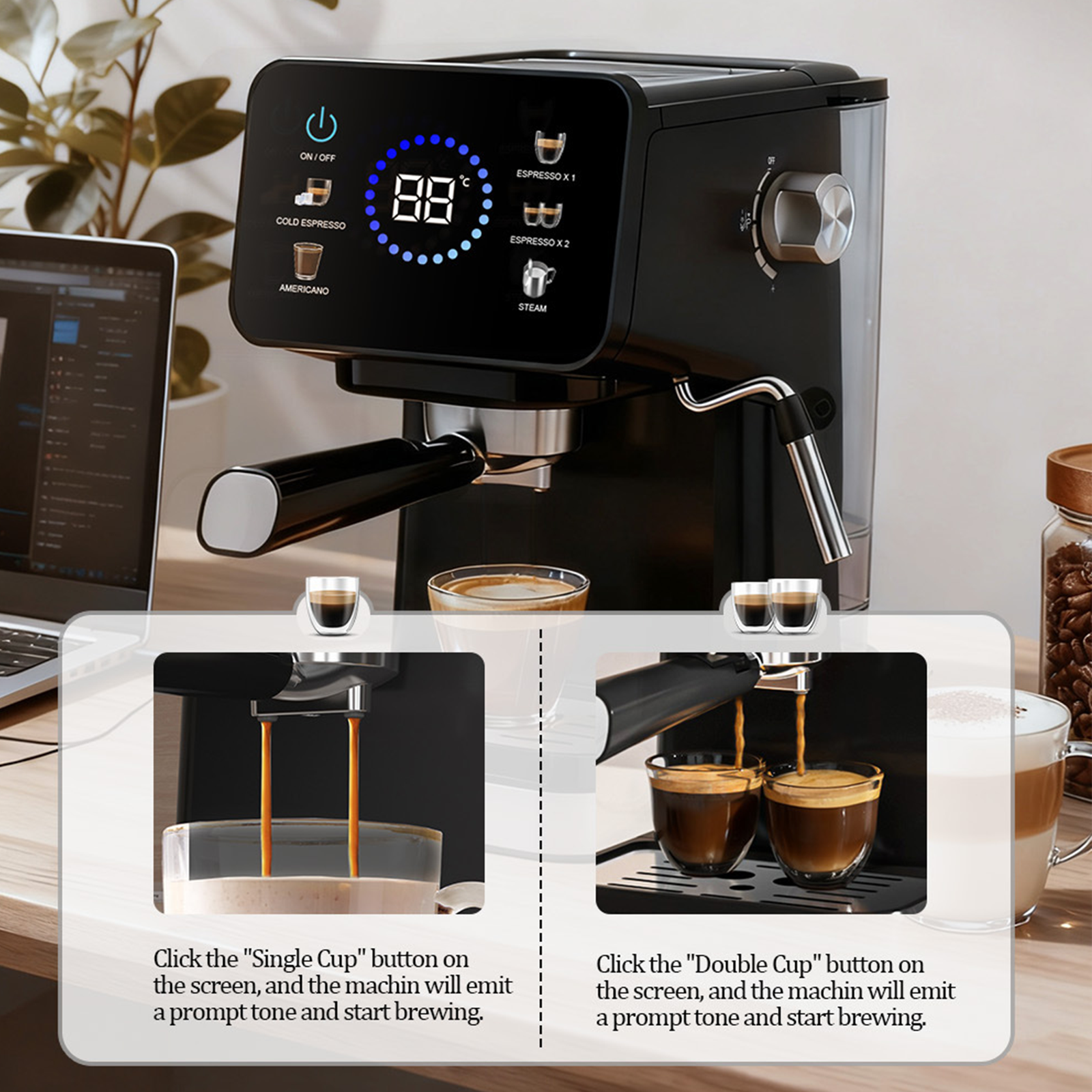 20-Bar Touchscreen Espresso Coffee Machine with Steam Wand