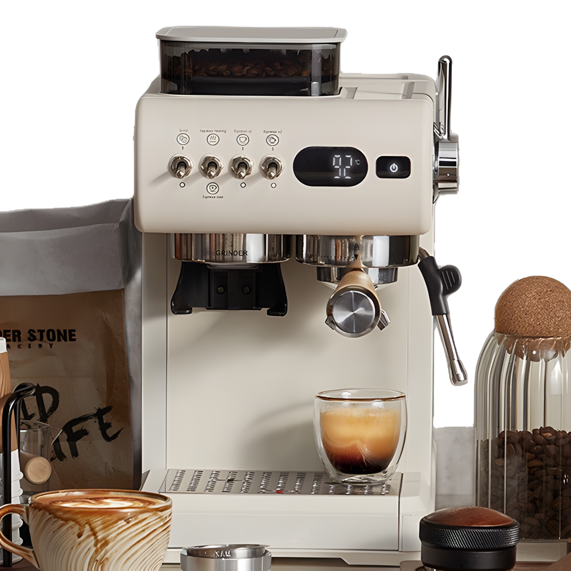Dual-Thermoblock Espresso Machine with Grinder and Steam System