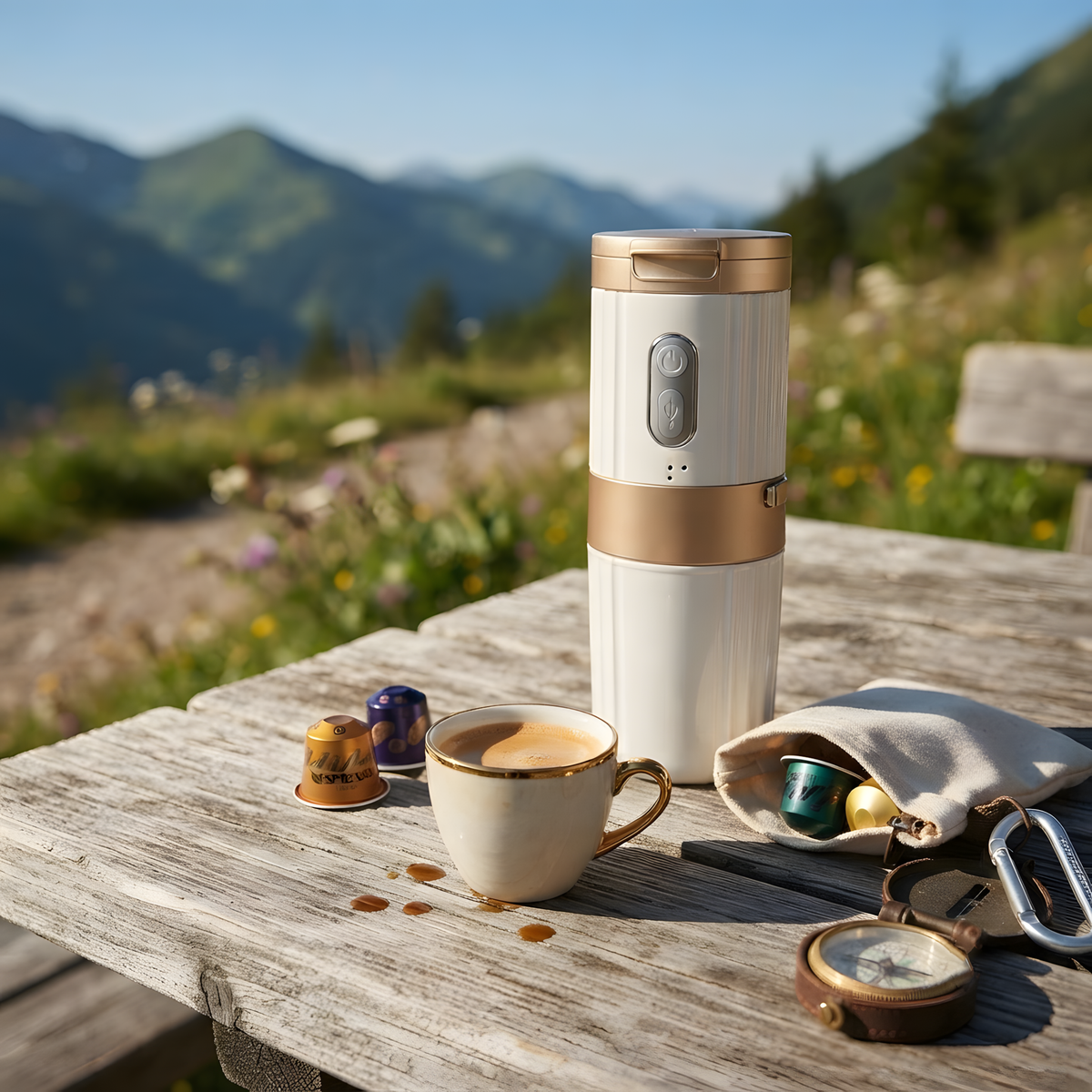 Mini Portable Coffee Maker with 250ml Water Tank, Rechargeable Battery & Capsule Brewing System