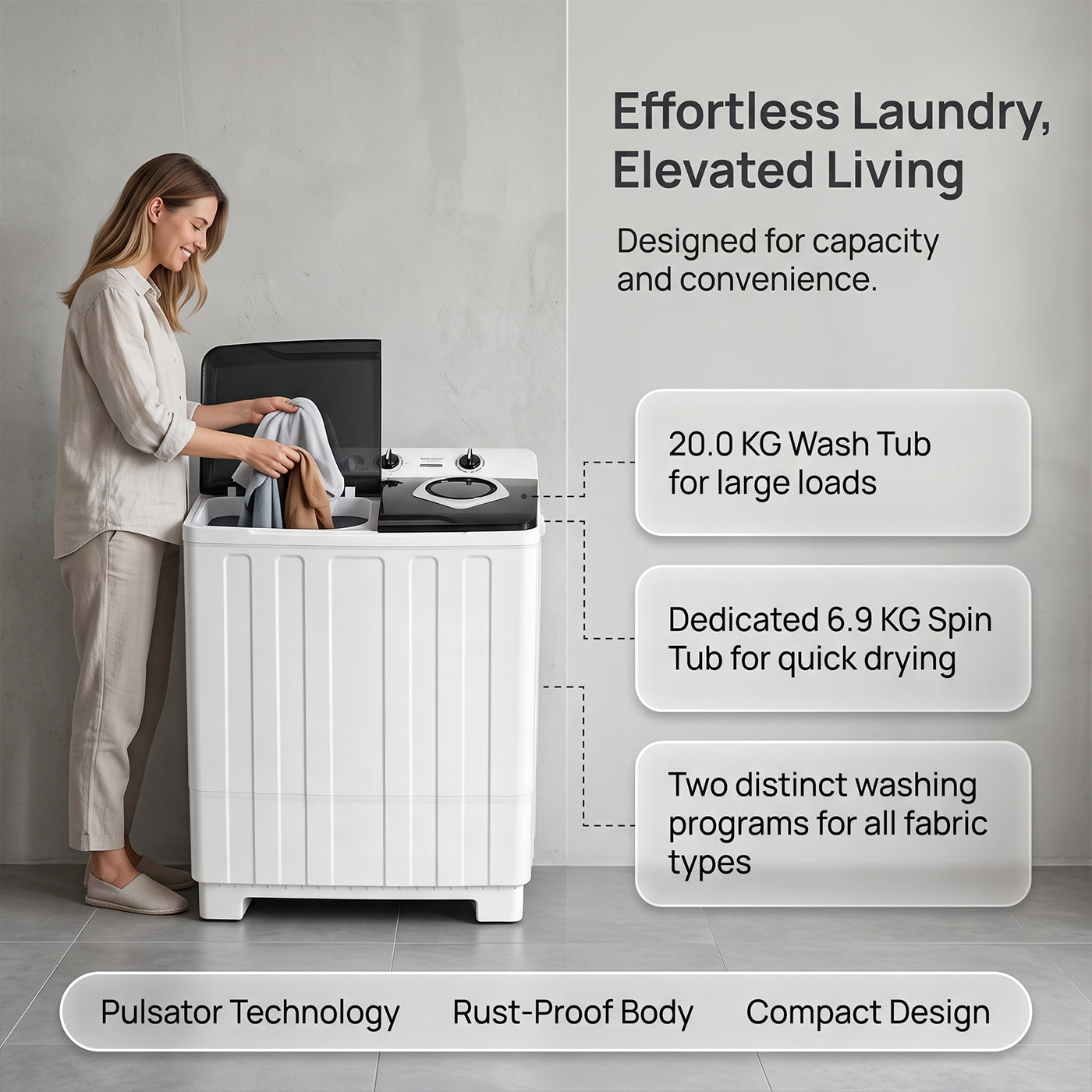 XPB200-2025S 20kg wash tub and 6.9kg spin tub features